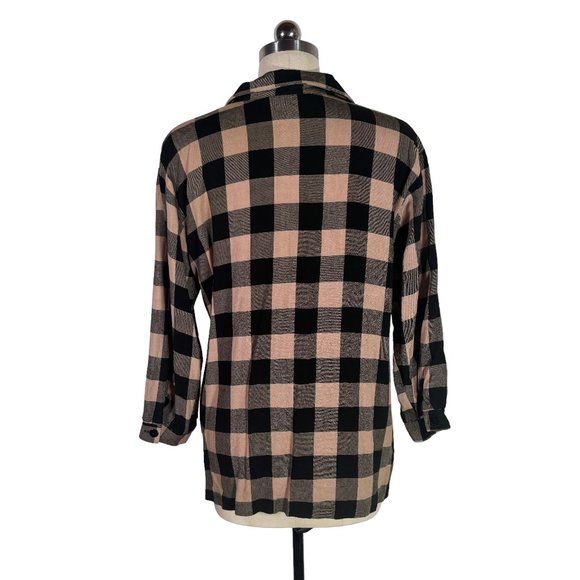 vintage 90s buffalo plaid rayon button shirt M black tan blouse top USA vtg - Picture 4 of 10